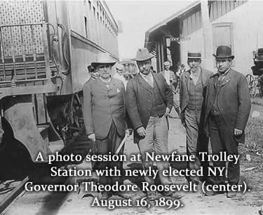 A photo session at Newfane Trolley Station with newly elected NY Governor Theodore Roosevelt. August 16, 1899.